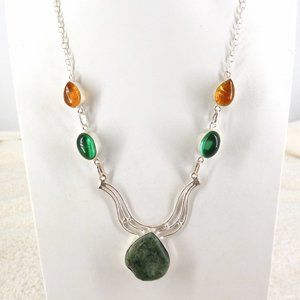 Green Jasper Necklace Emerald Green & Faux Amber Tone Stones 925 Silver 19"-22"